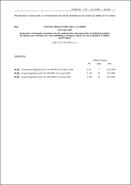 Council Regulation (EEC) No 2309/93 of 22 July 1993 laying down Community procedures for the authorization and supervision of medicinal products for human and veterinary use and establishing a European Agency for the Evaluation of Medicinal Products (repealed)