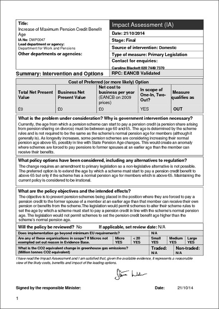 Impact Assessment to Pension Schemes Act 2015